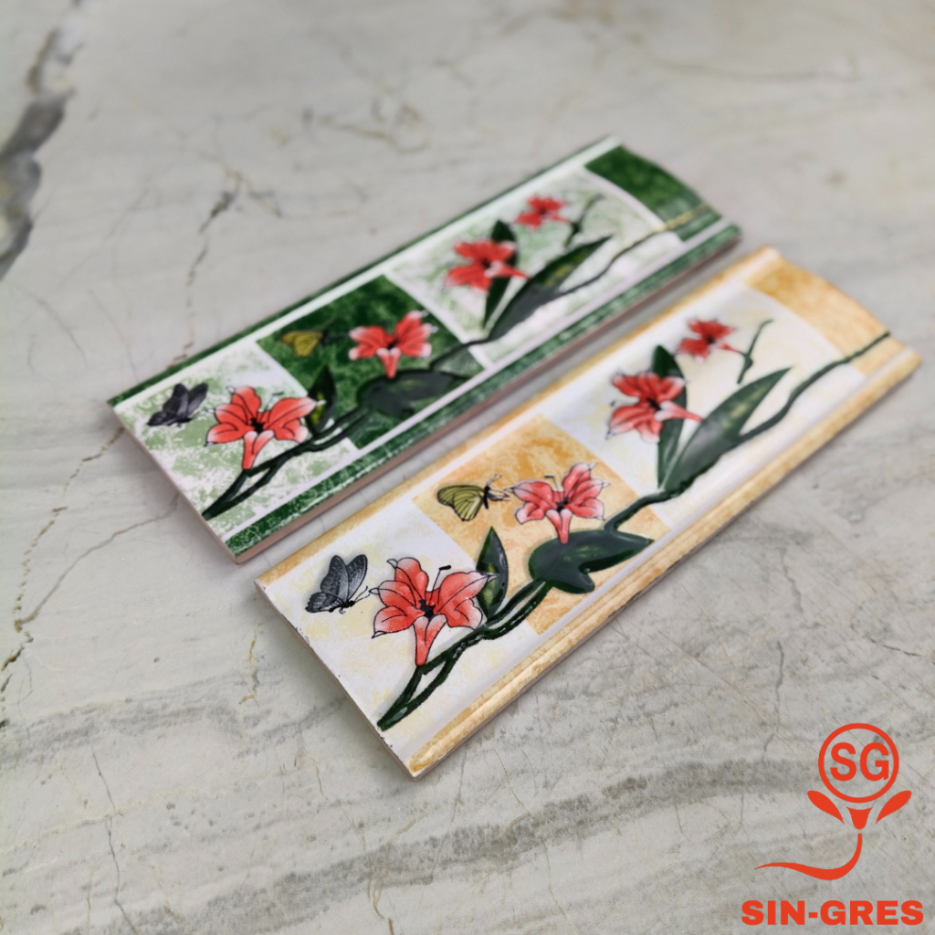 List Keramik Dinding | Listello Laser | 8x25 | Model Lengkung | Motif Bunga Lily
