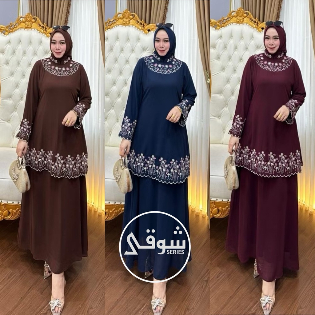SYAUQI.SERIES - Setelan Rok Malay Set Hijab Gamis Bordir Bahan Ceruty Babydoll