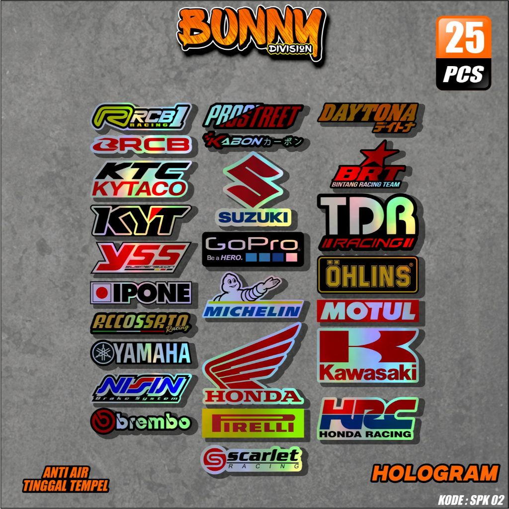 

25 Lembar Sticker Sponsor Racing / Sticker Sponsor / Sticker Motor / Sticker pack / Sticker Kecil2 cocok buat Motor Mobil Hp Laptop Helm Hologram Pelangi Vinyl Putih Bunny SPK 02