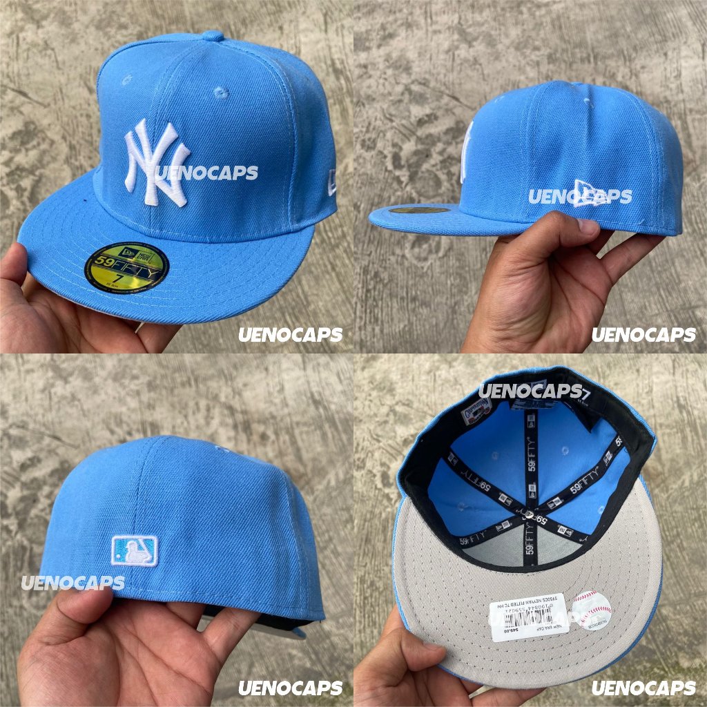 Topi Snapback Fitted NY New York Yankees Dodgers Light Blue White Basic Bordir Build Up Caps Aksesor