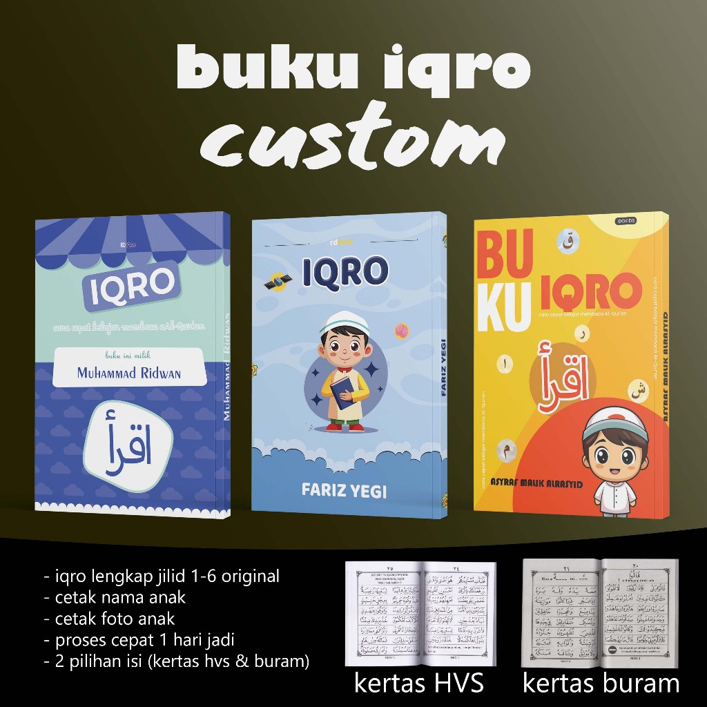 IQRO BESAR HVS - CUSTOM NAMA & FOTO - Belajar Membaca Al Quran Untuk Anak CUSTOM cetak Nama dan Foto