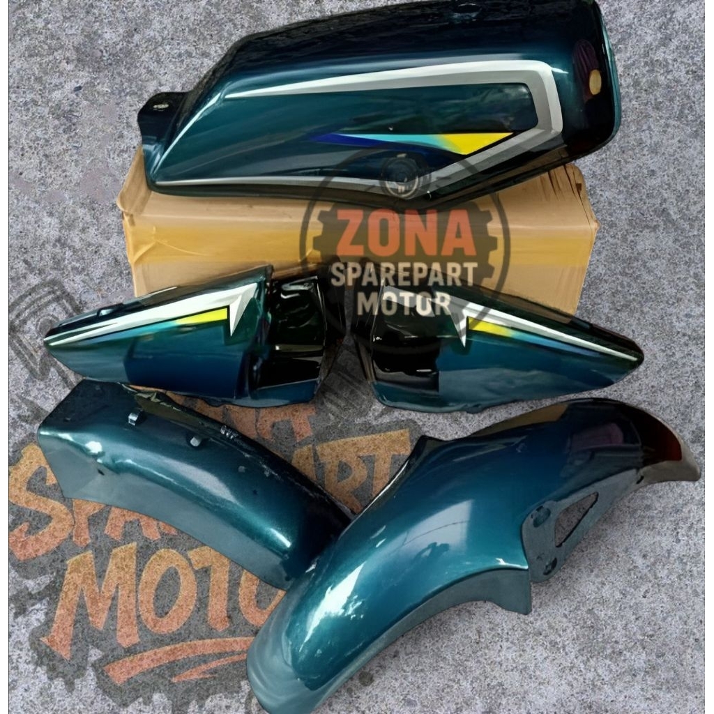 PAKET HEMAT COVER TANGKI TENGKI FULLSET YAMAHA RX KING RX-KING TAHUN 2001 HIJAU BOTOL SET STRIPING