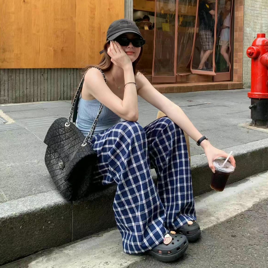 Celana Panjang Wanita Kotak-Kotak Longgar Motif Kotak Kotak Casual Korean Style