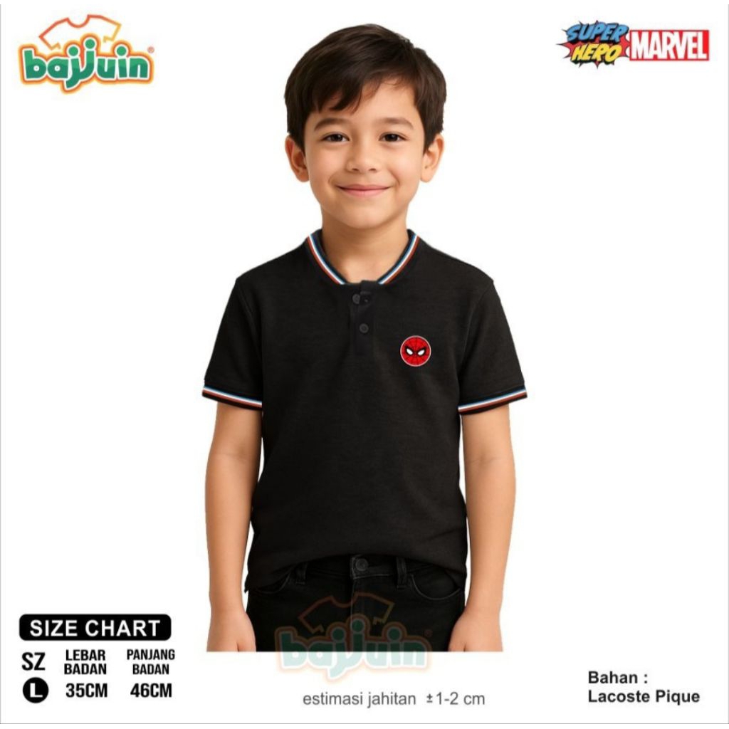 Polo T-shirt Lacoste Anak Superhero Spiderman Bahan Lacoste PQ Usia 6-7  Tahun