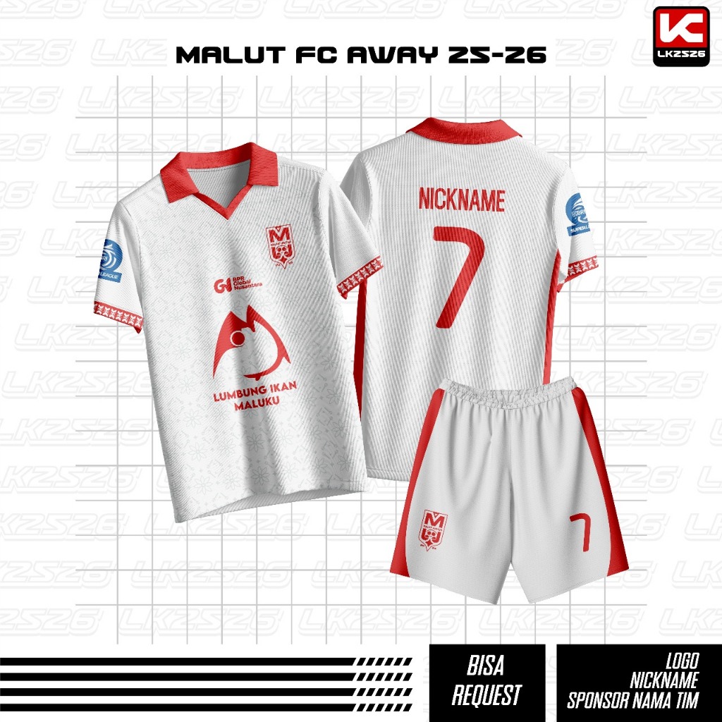 Jersey Bola Custom Nama Dan Nomor MALUT UNITED AWAY LIGA TERBARU MUSIM 2025/2026 PUTIH Full Print Sp