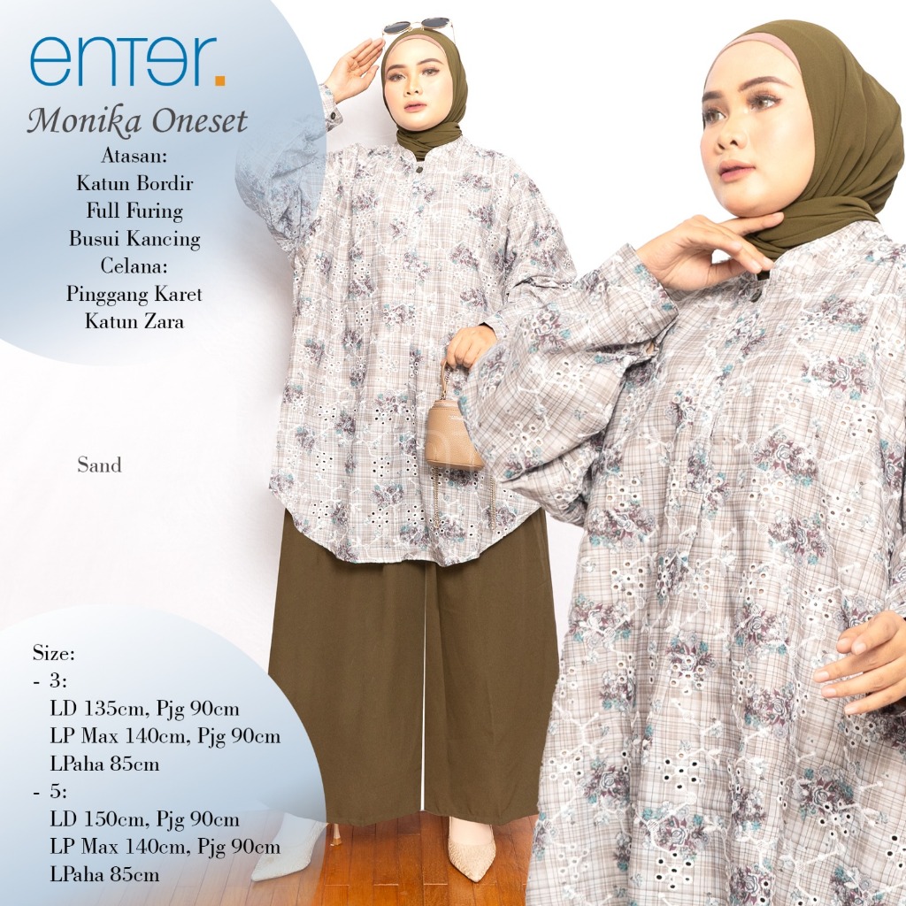 Enter Monika One Set Ld 150 Setelan Katun Jumbo Big Size Sand Baju Wanita Katun Bordir Full Furing B