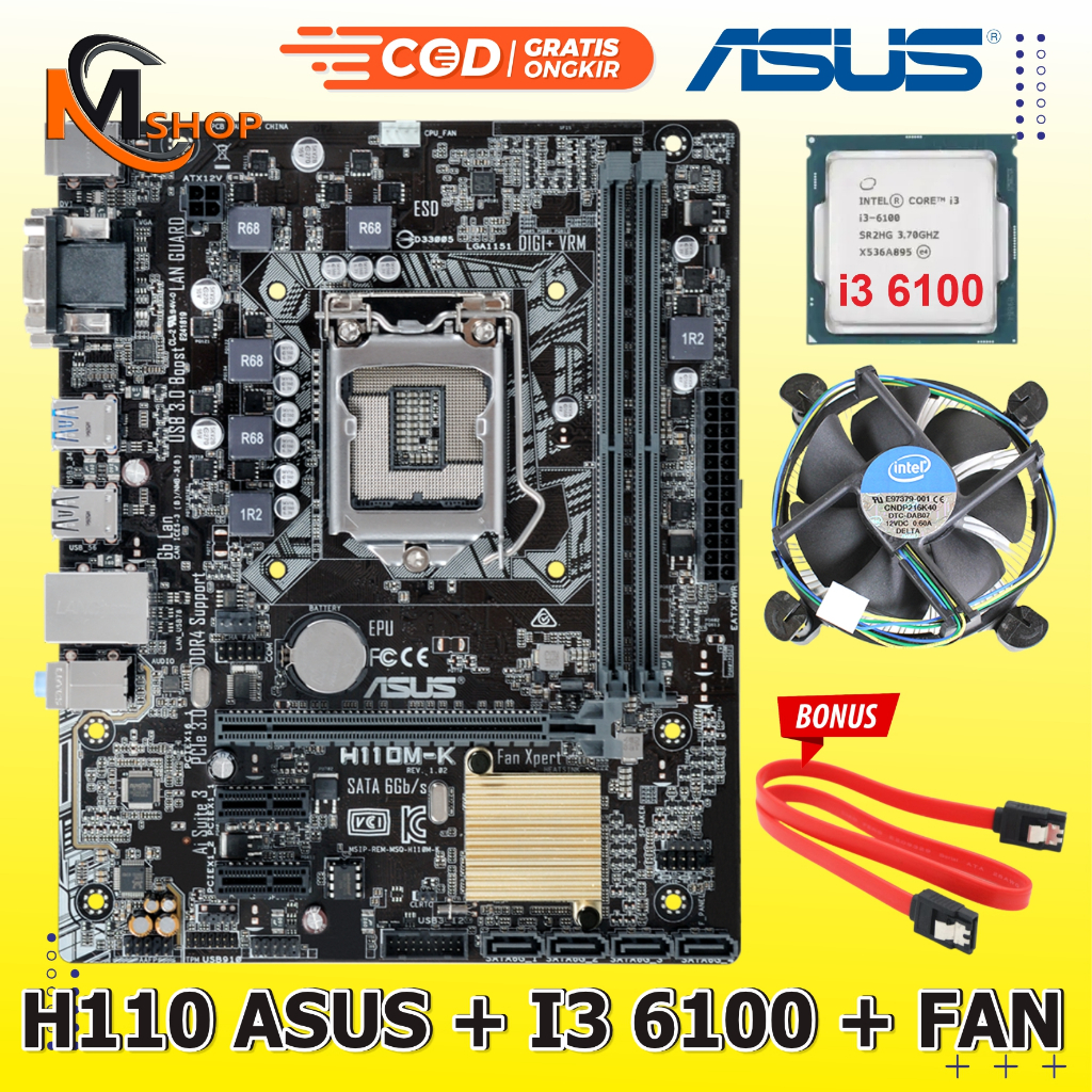 Paket Motherboard Mobo Mainboard H110 LGA 1151 DDR4 + Processor Core i3 6100 + Fan