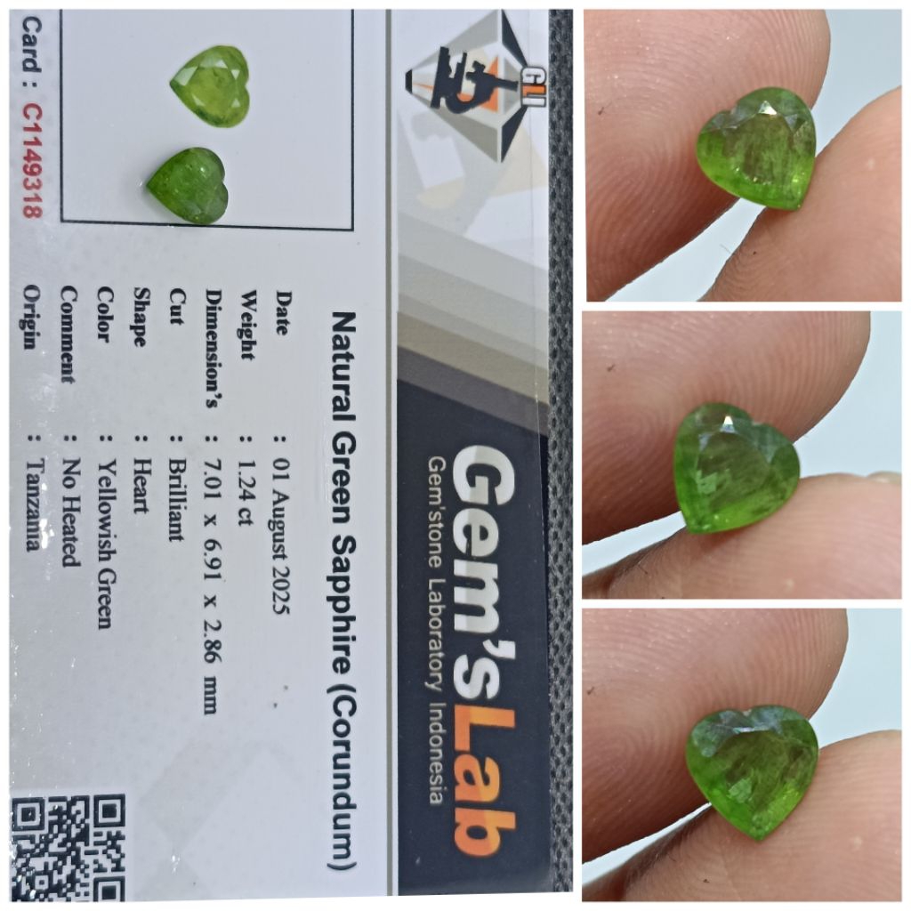 Natural Green sapphire Tanzania NoHeat 1,24ct Heart memo GLI  Safir Kristal
