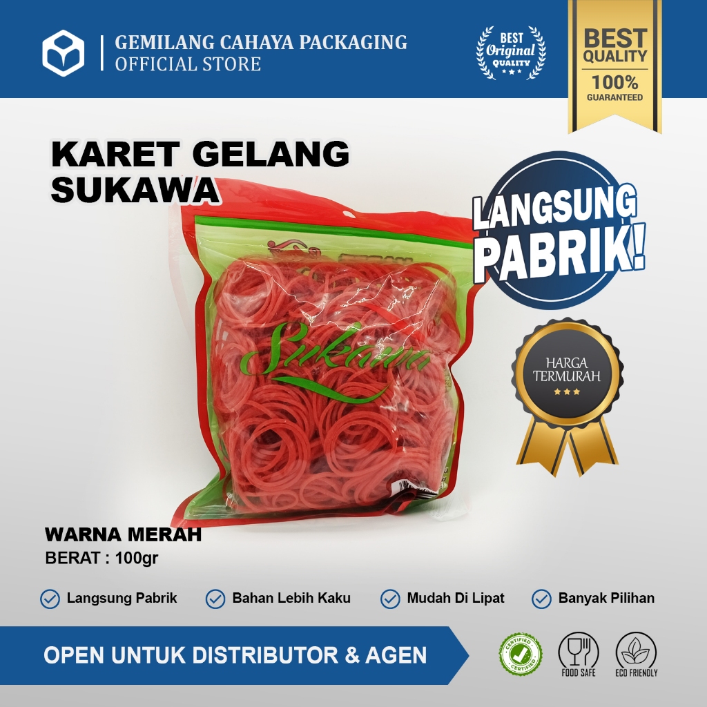 

Karet Gelang Sukawa Warna Merah Berat 100gr