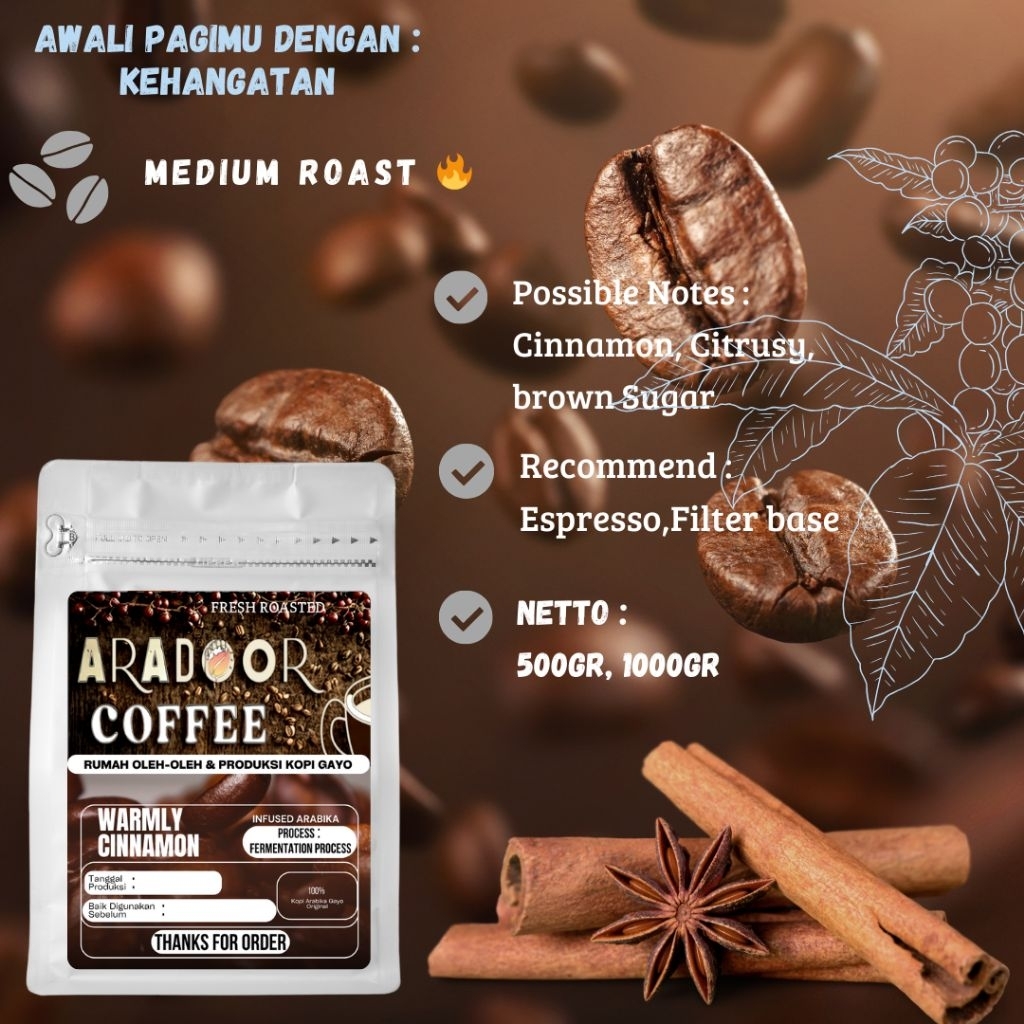 

Kopi Gayo Warmly Cinnamon Semi Wash Infused 100% Arabika Gayo Powder and Biji/Roasted Bean 500gr - 1000gr