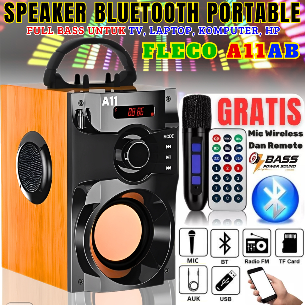 FLECO A11 AB Speaker Bluetooth Super Bass Free Mic Wireless | Baru Speaker Full Bass Untuk Tv, Lapto