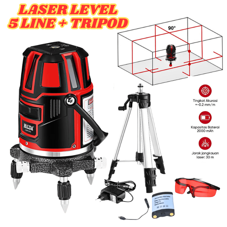 COD Taffware Meteran Waterpass digital Mesin Laser Leveling 5 Line Laser Red Infrared 4D + tripod
