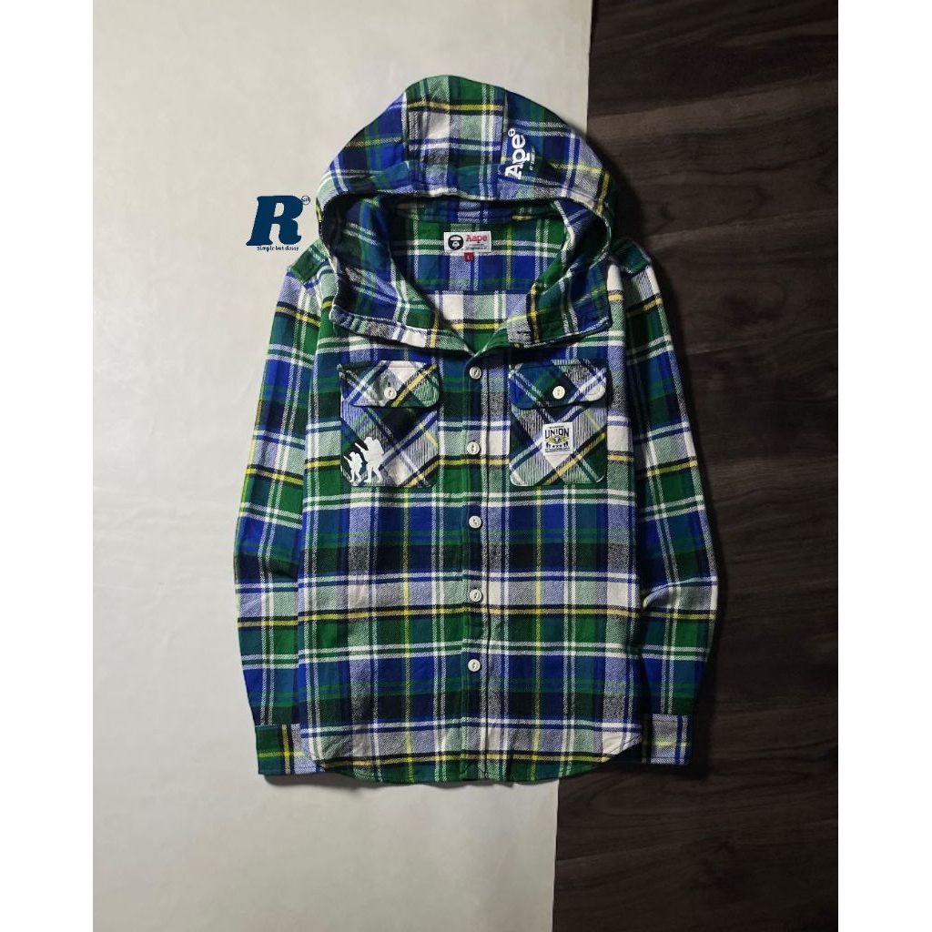 Kemeja Lengan Panjang Flannel Shirt Heavyweight Tebal Hoodie Double Pocket AAPE by A BATHING APE Siz