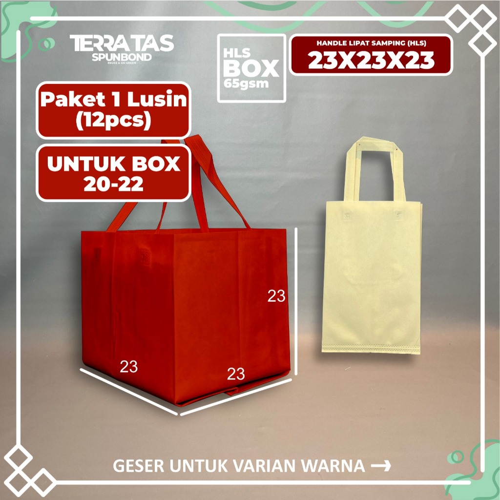 

Paket 1 Lusin 12pcs 65 GSM 23x23x23 Untuk Box 20-22 Tas Kantong Belanja Tas Kotak Makan Souvenir Hampers Kain Spunbond