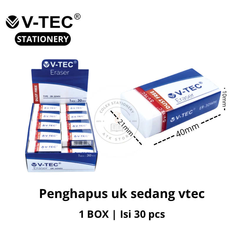 

[1 BOX] Penghapus Bersih Warna Putih Ukuran Kecil / Stip Putih Sedang Murah Isi 30 Pc Vtec ER-30WH
