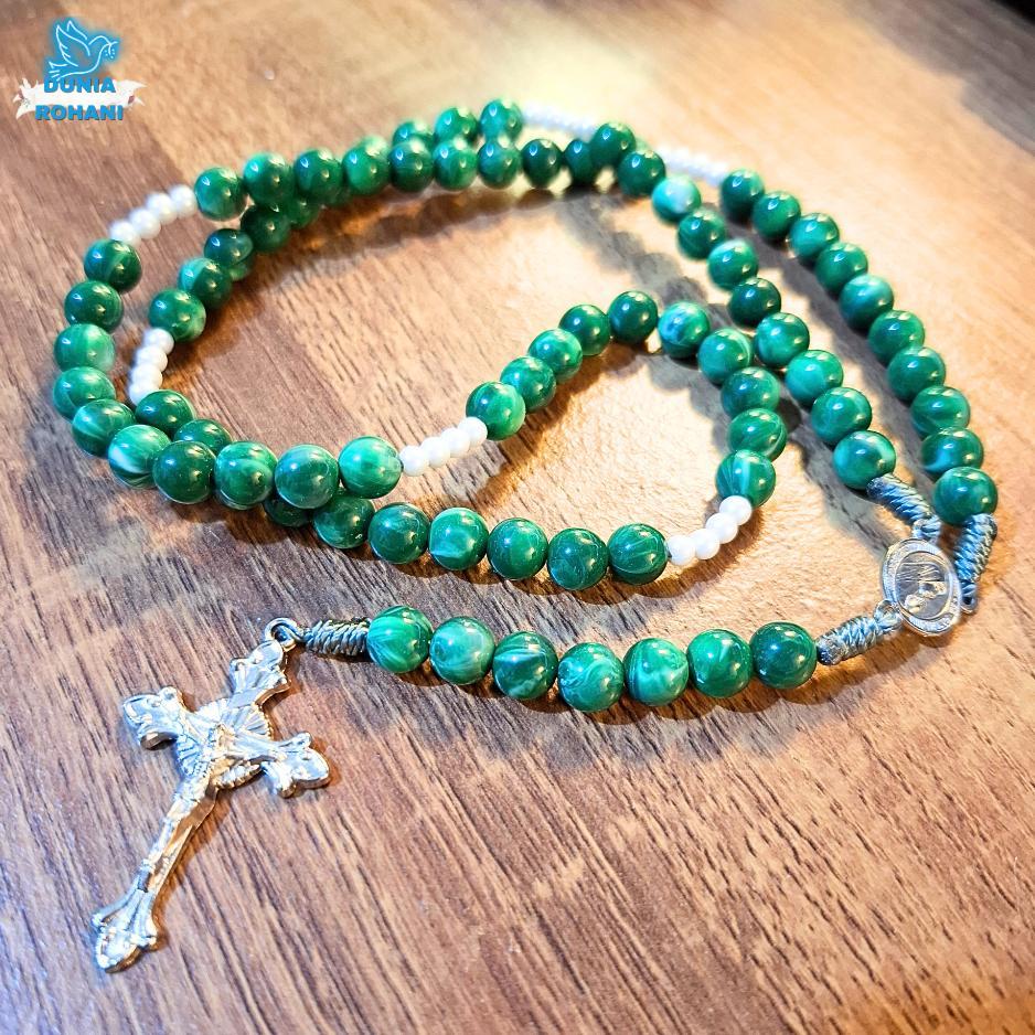 Rosario Akrilik Motif Marmer hijau 8 Mili / Rosario Motif Marmer / Rosario Katolik / Rosario