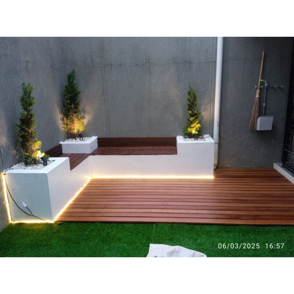 Bangku Taman cor + Lantai kayu outdoor indoor