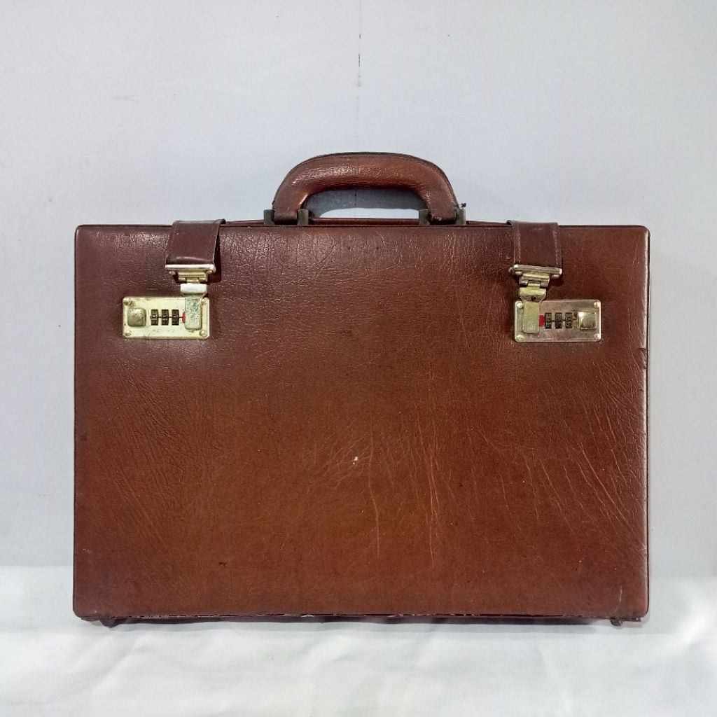 (Used) Vintage Brown Leather Slim Suitcase • Tas Koper Tangan Coklat Hardcase Jadul