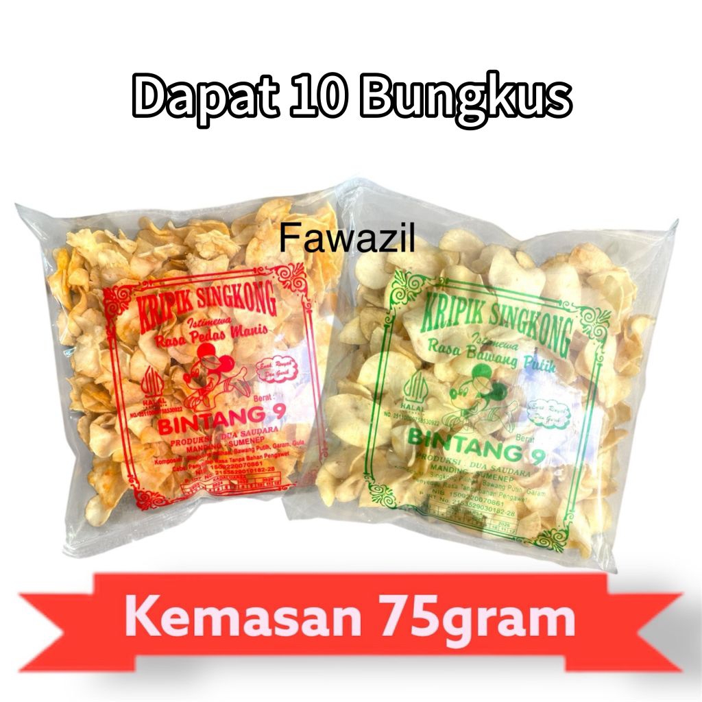 

10 Bungkus 75gram Keripik Singkong Asli Madura Kripik Pedas dan bawang Cemilan Manis asin gurih dan bawang