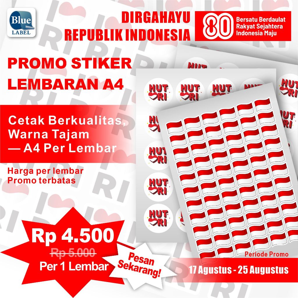 

Stiker HUT RI A4 Murah! Desain Bendera & Logo – Promo 17an!