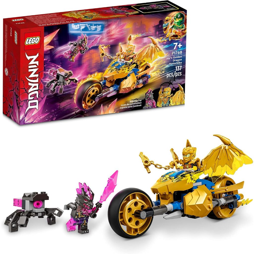LEGO NINJAGO Jay's Golden Dragon Set, 71768 Toy Motorcycle with Dragon,