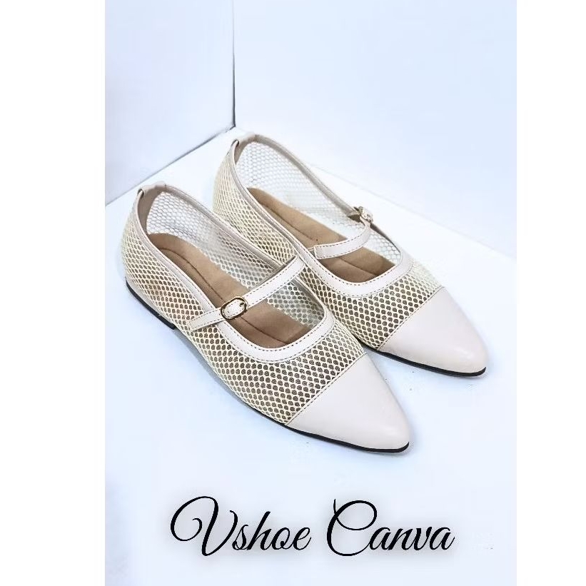 Vshoe Canva Flatshoes kain jaring halus & Elegan