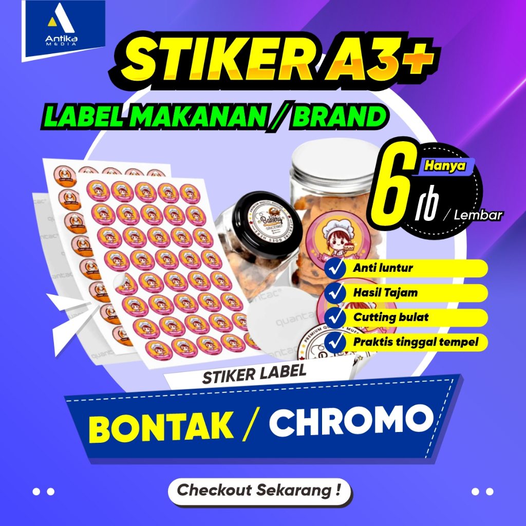 

CETAK STIKER BONTAK A3+ / STIKER LABEL KEMASAN MURAH / SEHARI JADI / CETAK STIKER