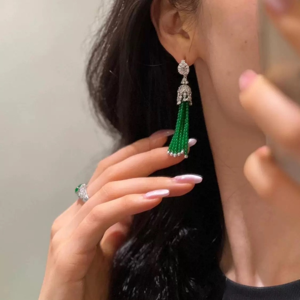 [100% Giok Asli] - Anting - Anting Giok ​​Rumbai Earrings Tassel Grade A5 Style Trendy Wanita