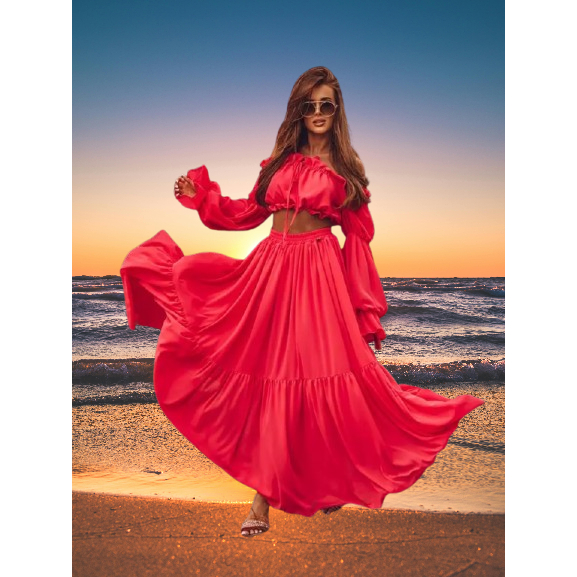 One set setelan atasan dan rok wanita sabrina off shoulder dengan model crop top lengan panjang balo