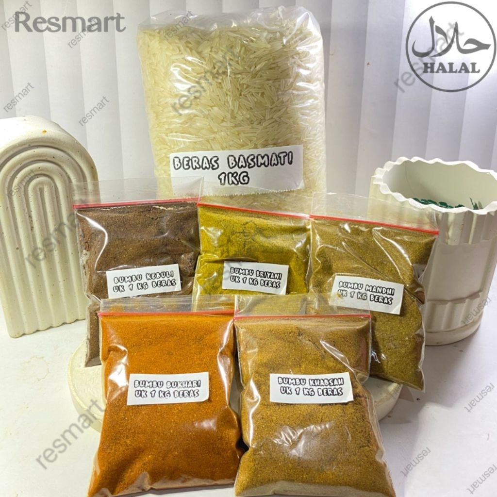 

beras basmati/india 1kg dan bumbu bubuk arabian food 1 varian ( kebuli, briyani, bukhori, khabsah, mandhi)