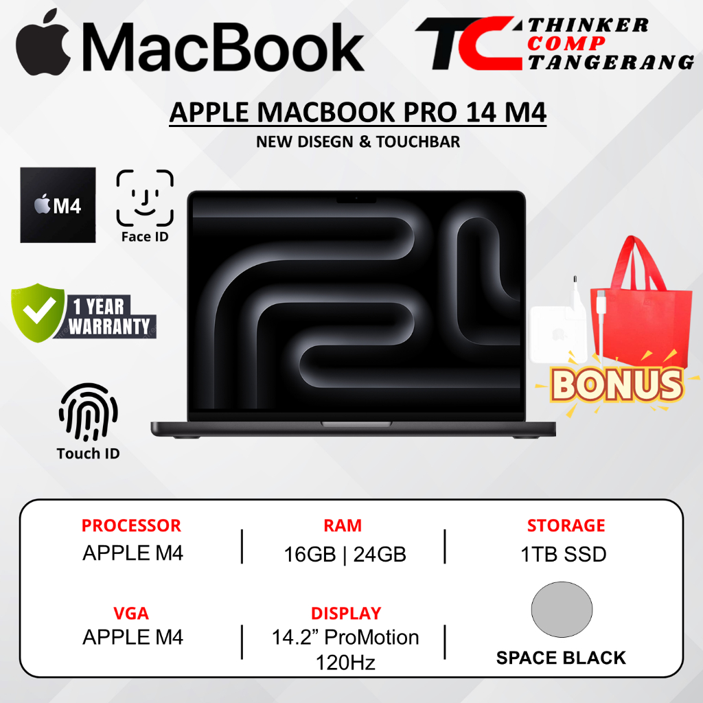 Apple MacBook Pro 14 M4 24GB 1TB SSD Space Black MW2V3I Resmi Garansi Original