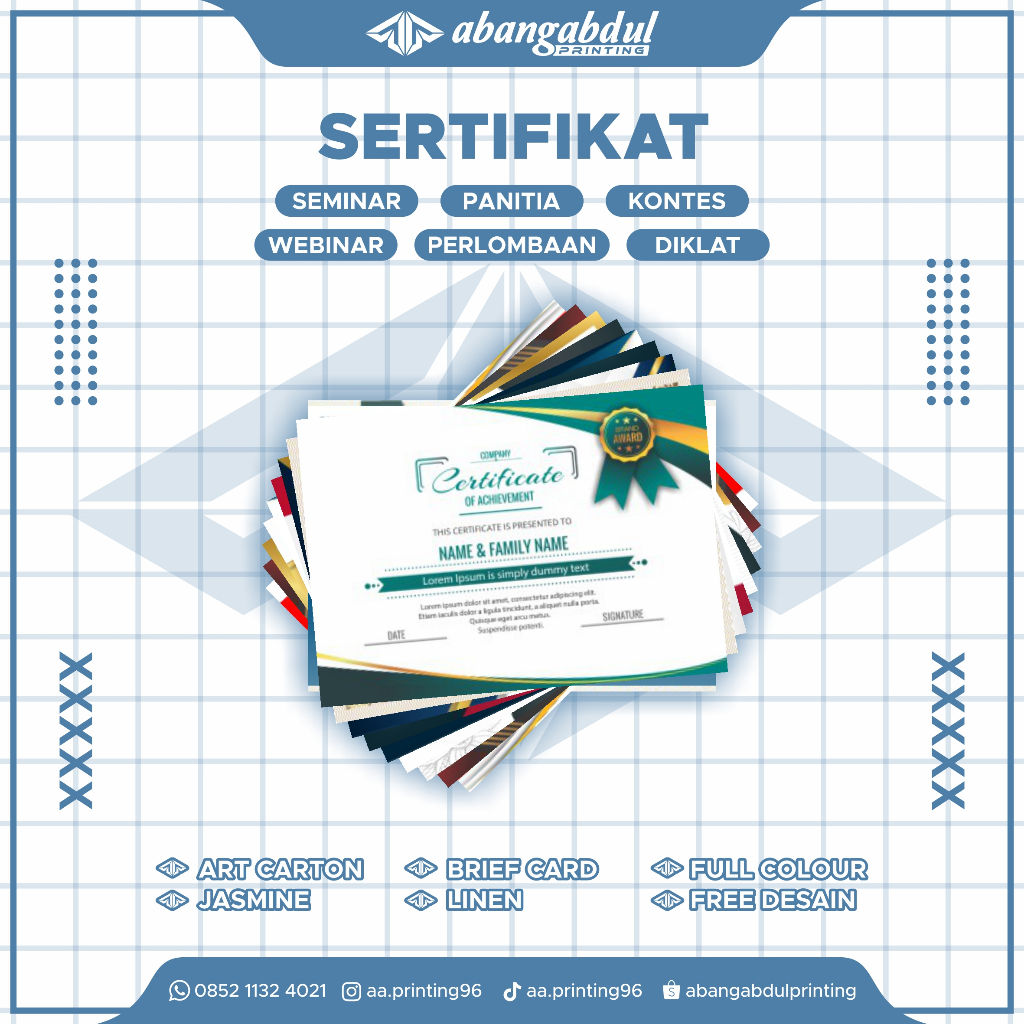 

CETAK SERTIFIKAT PIAGAM PENGHARGAAN / PERLOMBAAN A4 MURAH