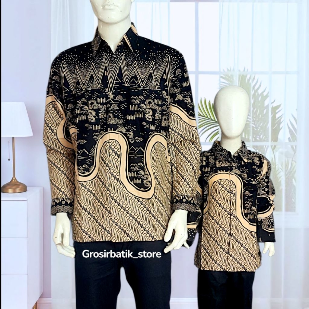 HITAM CREAM/BAJU BATIK COUPLE AYAH DAN ANAK PREMIUM/BAJU BATIK PRIA LENGAN PANJANG  KATUN FURING