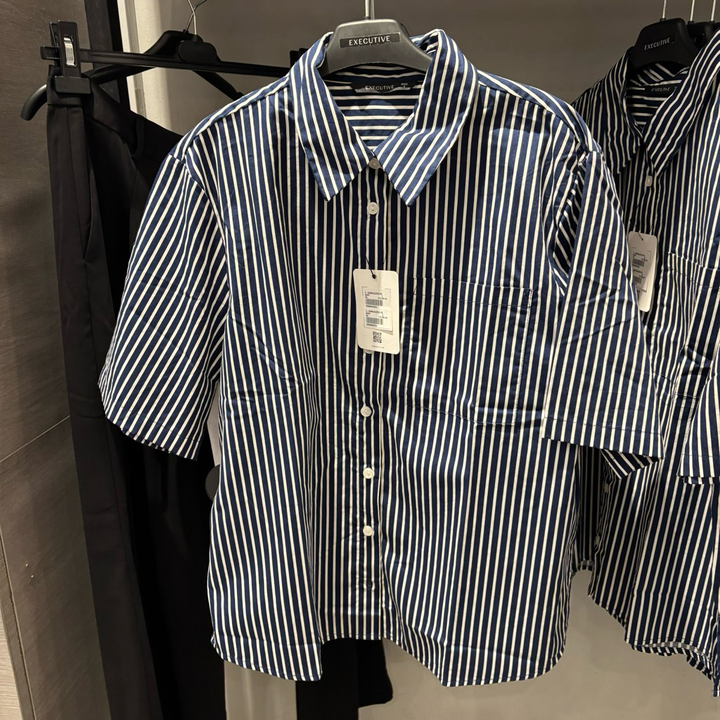 kemeja katun garis stripe lengan pendek cewek executive sale