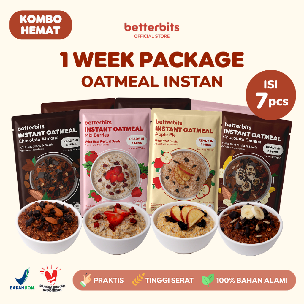 

Paket 7 Hari (A Week Package) - Oatmeal Instan 7x45g | Sarapan Sehat & Praktis | Whole Grain Sereal Sachet Rendah Kalori | Paket Hemat