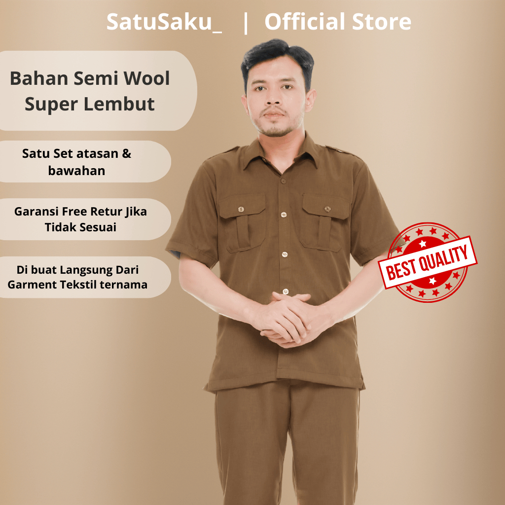 Setelan Baju PNS Khaki Tua Pria Lengan Pendek + Celana – Seragam ASN Kantor Bahan Semi Wool