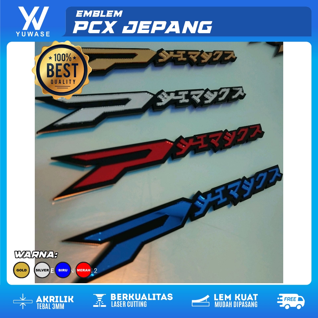 Emblem PCX Jepang Akrilik Variasi Motor – Merah Biru Gold Silver