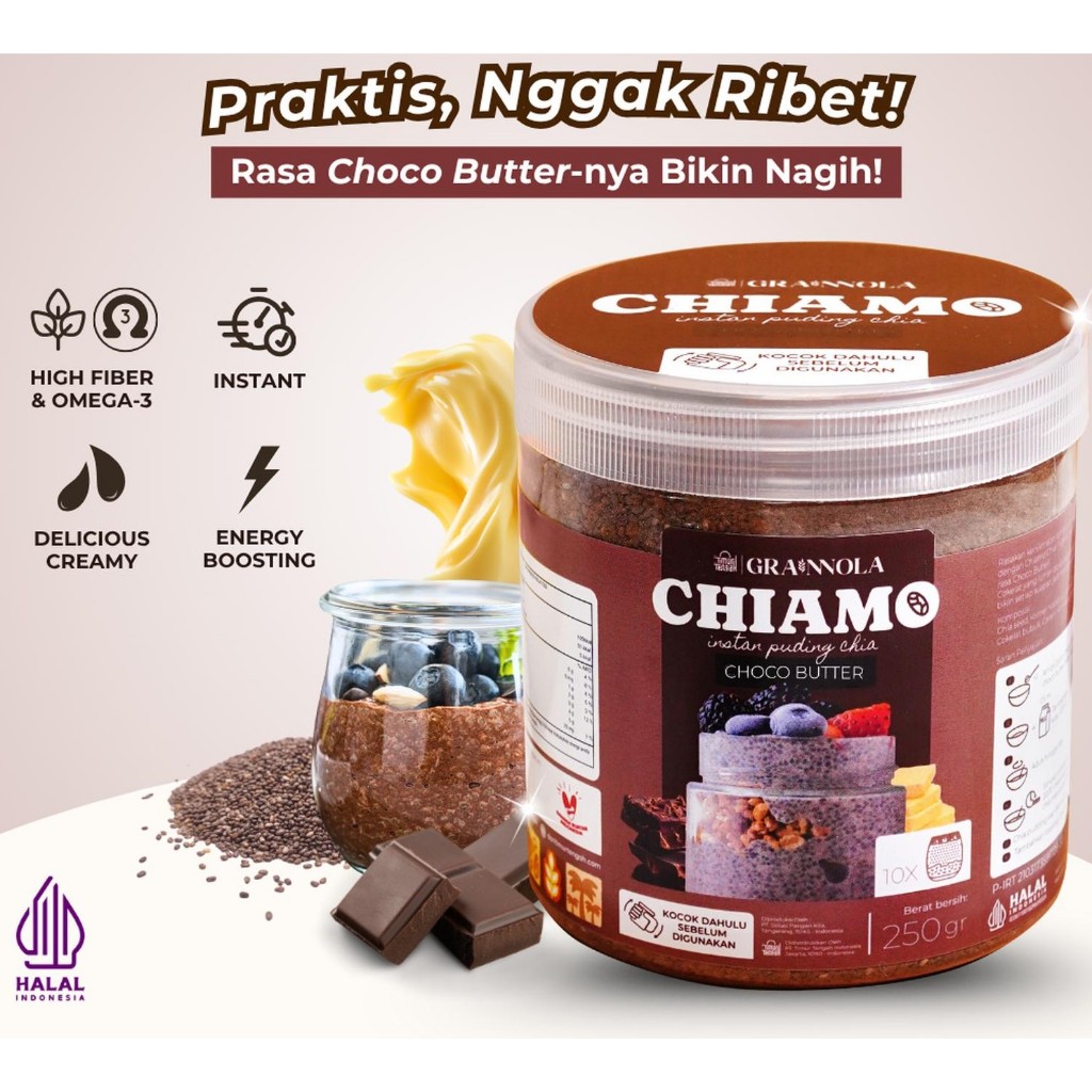 

Timur Tengah Chiamo Chia Pudding Instant Choco Butter 250 gr Puding Instan Rasa Cokelat Mentega Overnight