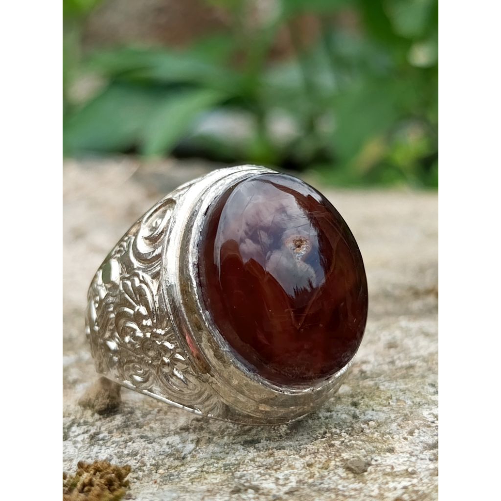 Cincjn Pria Cincin Batu Akik Natural (Asli) Yaman Cappucino Pamor Kantong Semar Hu (COD) Dim Kantora