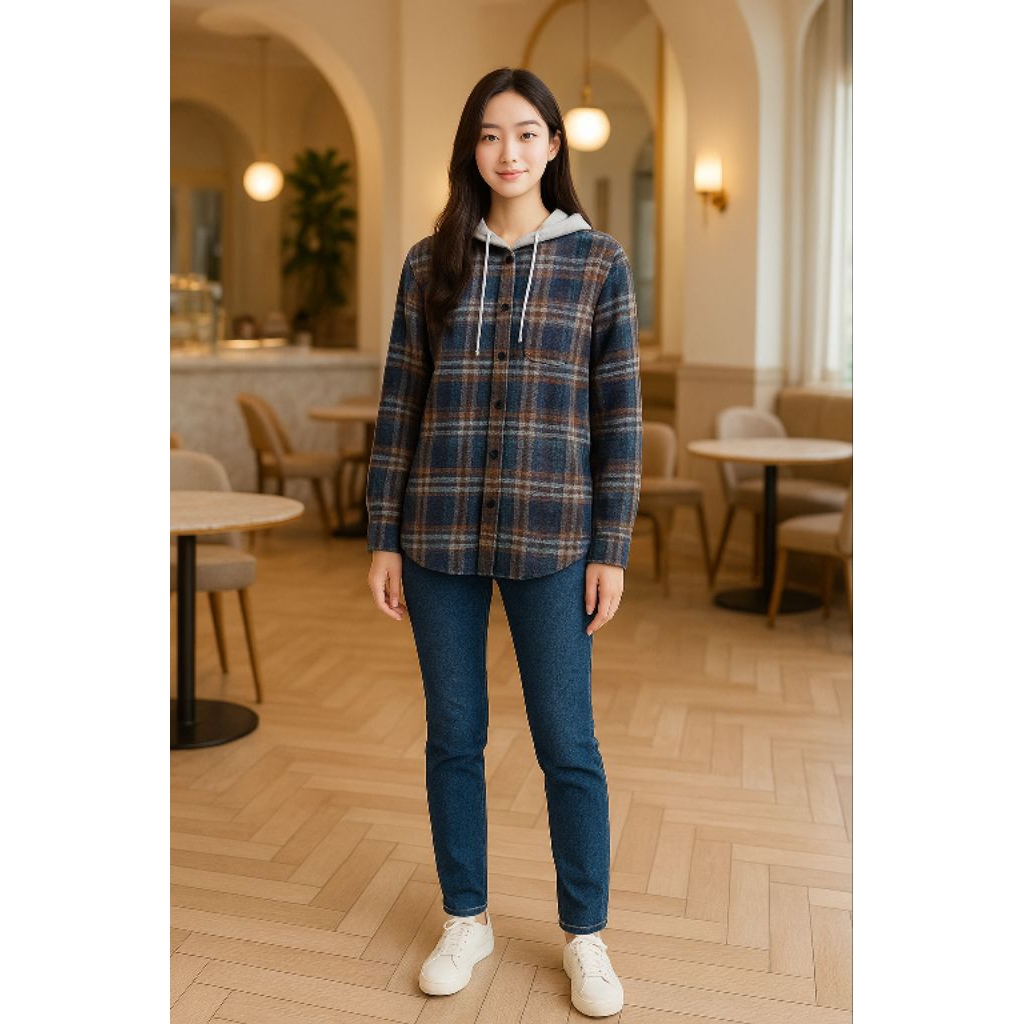 Kemeja hodie wanita Kotak-kotak premium