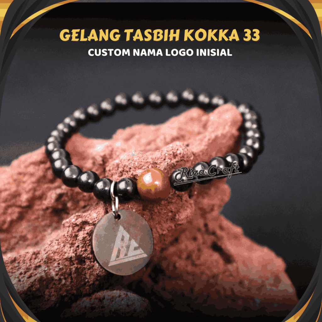 Gelang Tasbih 33 Butir Kayu Kokka Kokah Kaukah Hitam Custom Nama Logo Inisial Asli Original 100% Ber