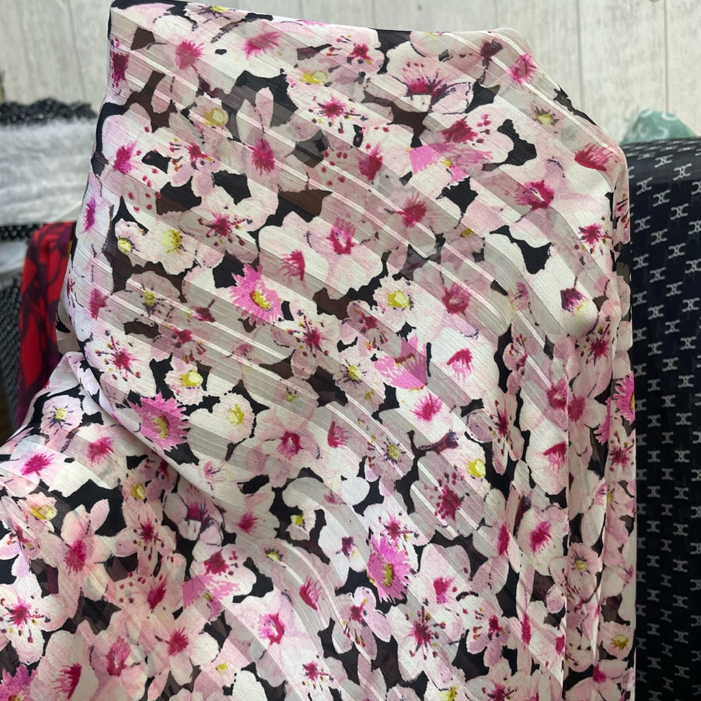 kain sifon silk motif bunga sakura premium - kain silk luxury - kain satin silk original - kain silk