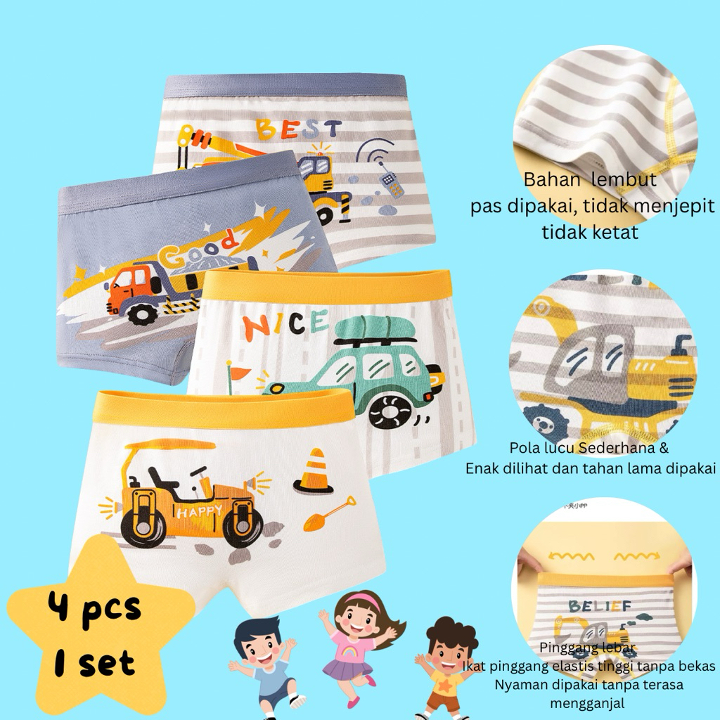 Kikidoo 4 pcs celana dalam boxer katun anak cowok premium quality BAL01