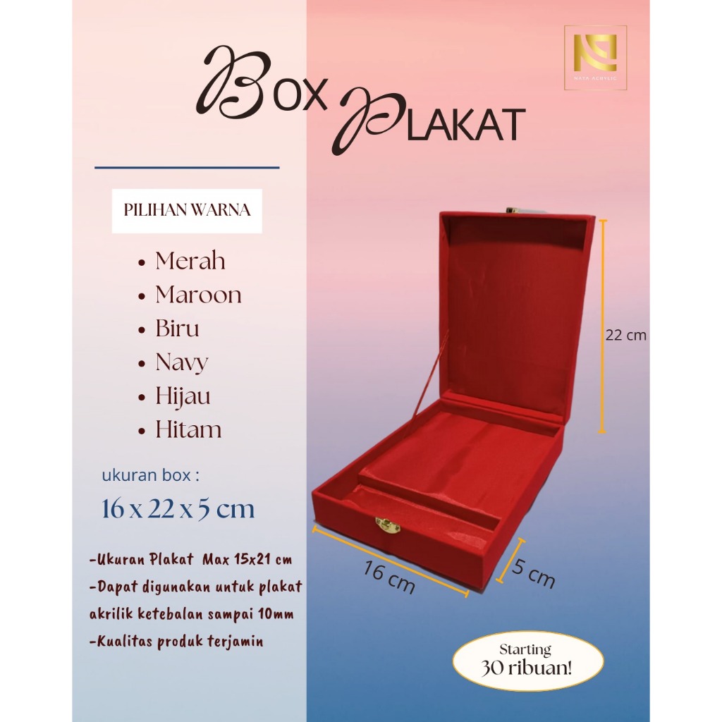 

Box Plakat akrilik Bludru Besar 16x22x5 CM Kotak Vandel Custom Elegan dan Murah