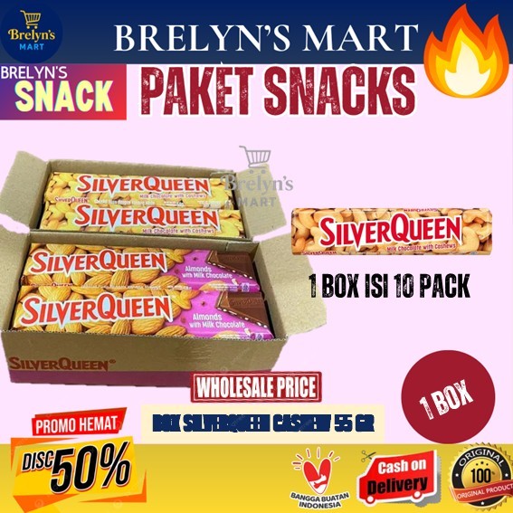

(1 BOX ISI 10 PCS) Coklat Silverqueen 55 gr Rasa Cashew/Mede dan Almond | Termurah