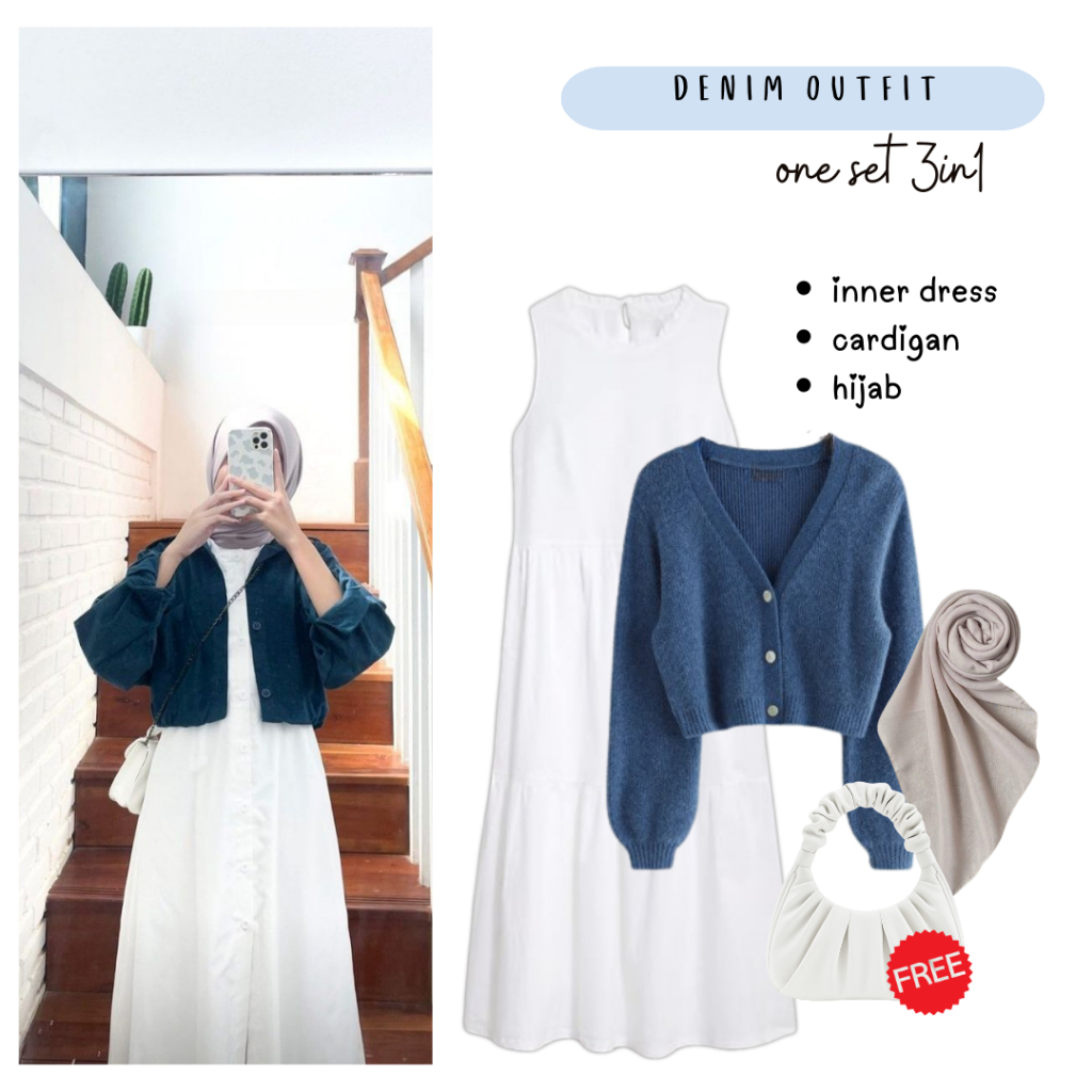 One Set Outfit Korean Style | Cardigan Rajut Denim, Inner Dress Putih, Hijab Bella Square - FC19