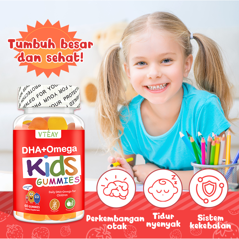 VTEAY Permen DHA untuk Anak-Anak Mendukung pertumbuhan sehat, sistem kekebalan tubuh, otak, dan tula