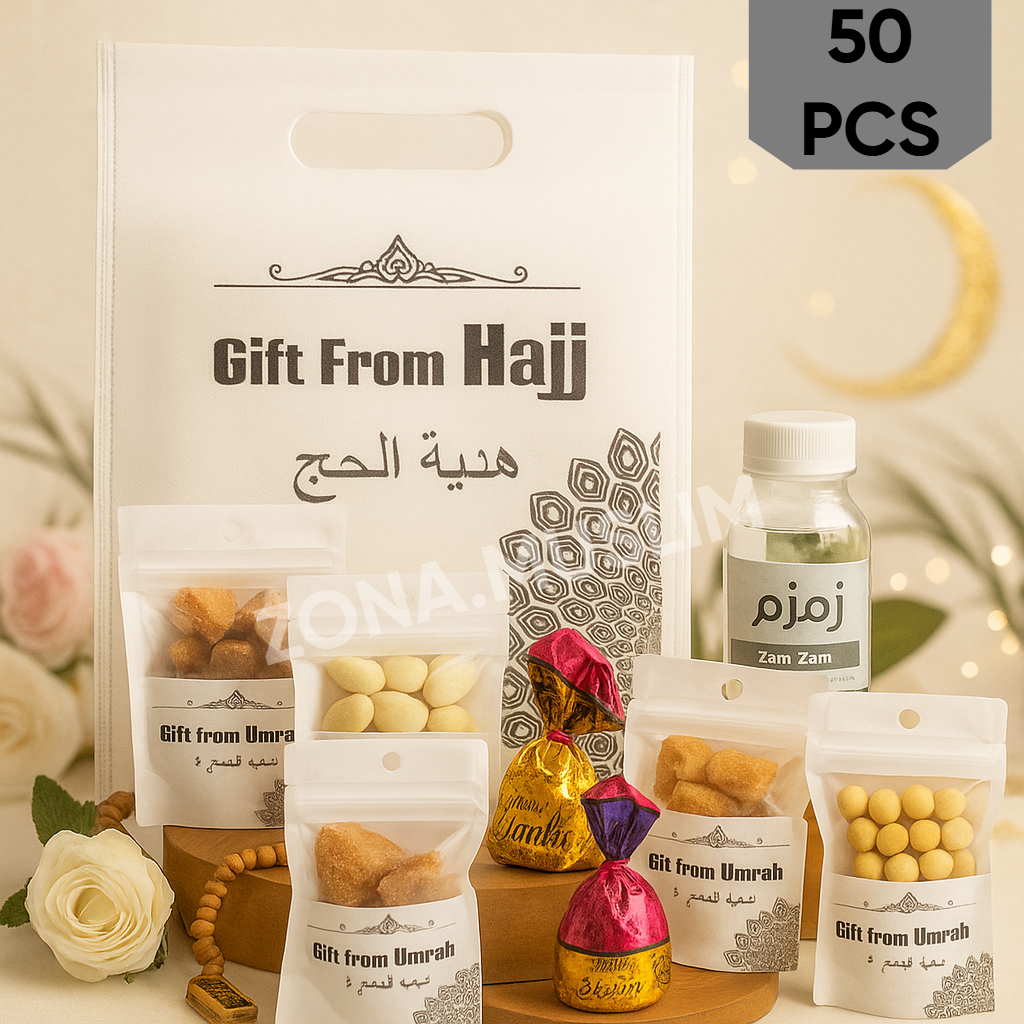 

PAKET OLEH OLEH HAJI DAN UMROH KEMASAN EXCLUSIF 50PCS