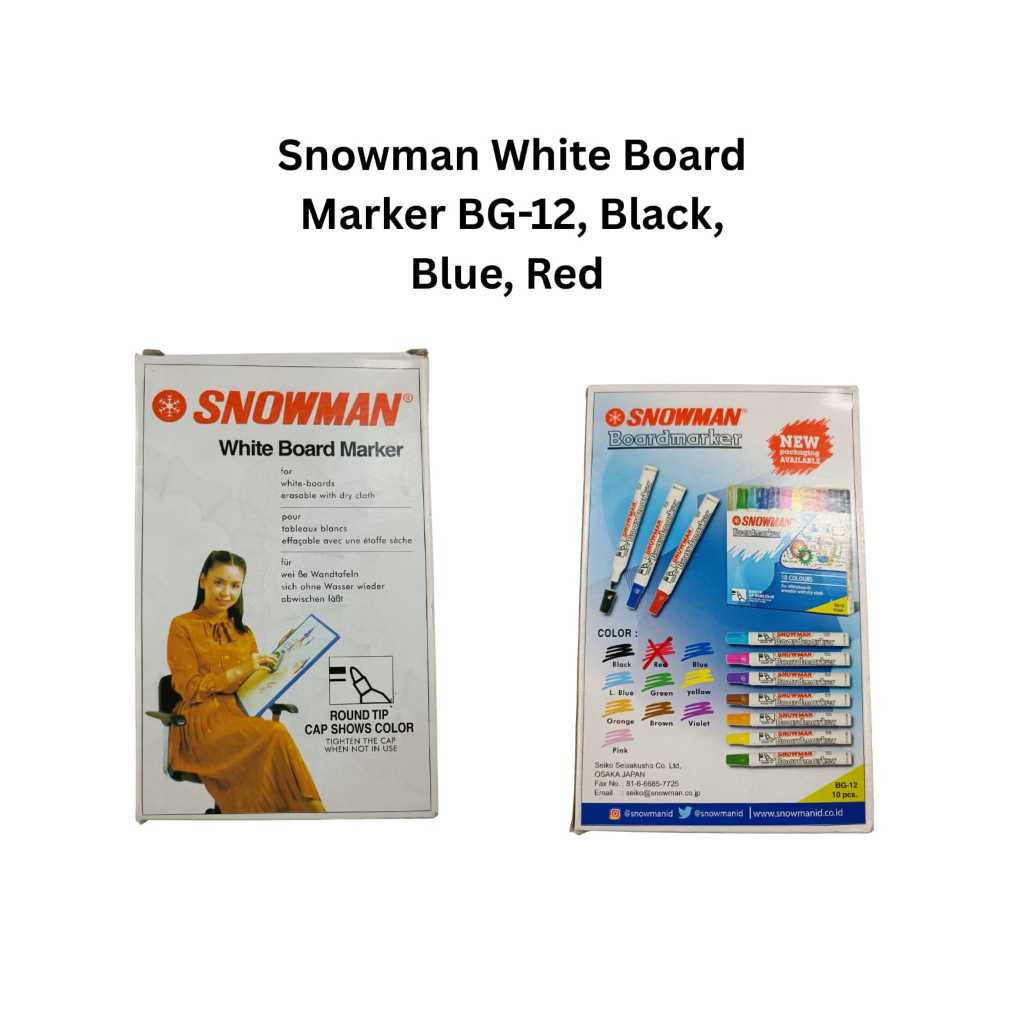 

12 Pcs SPIDOL SNOWMAN HITAM WHITEBOARD BG-12 / spidol whiteboard (Hitam, BIru, Merah) - Per lusin