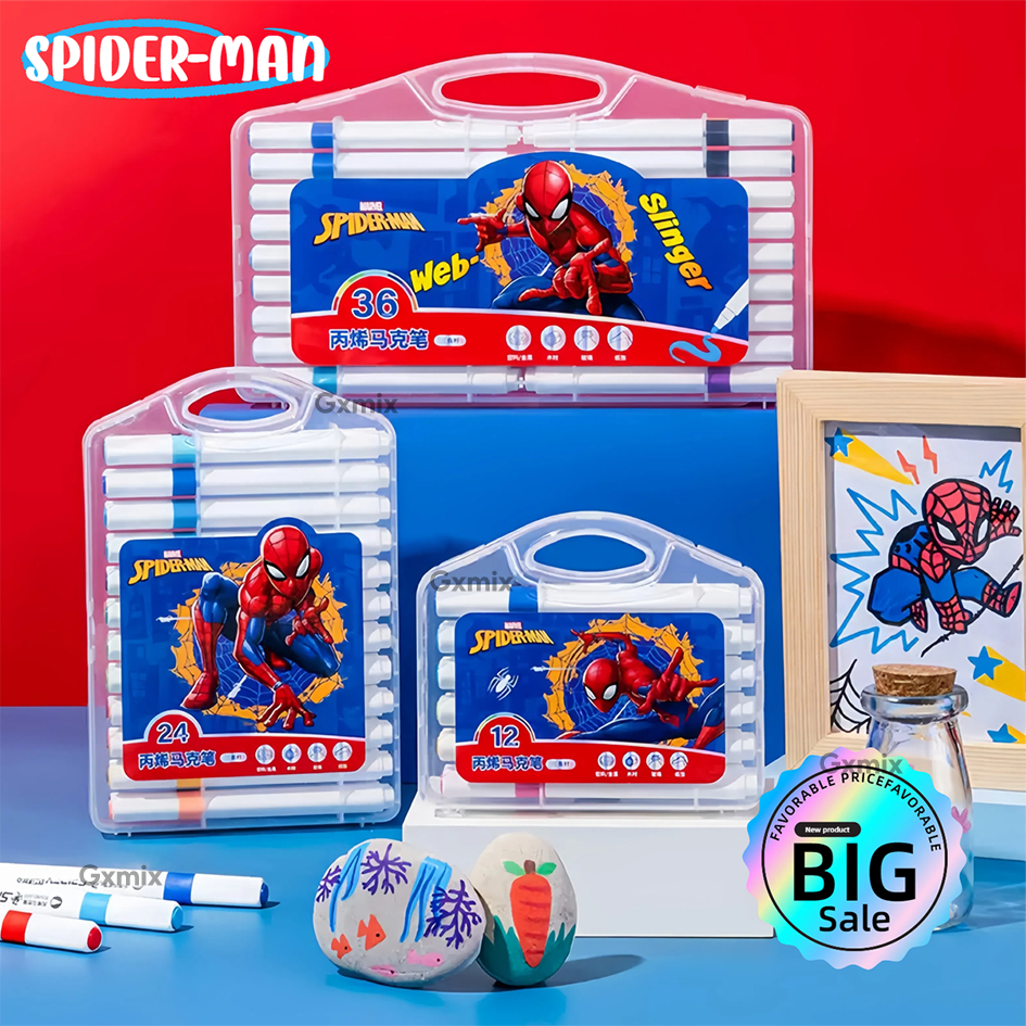 

[Penjual Lokal]12/24/36/48pcs Hadiah untuk anak laki-laki, kuas cat, spidol akrilik Spiderman Acrylic Marker Set Spidol Akrilik DIY Painting Spidol Pastel Pulpen Highlight Drawing Warna